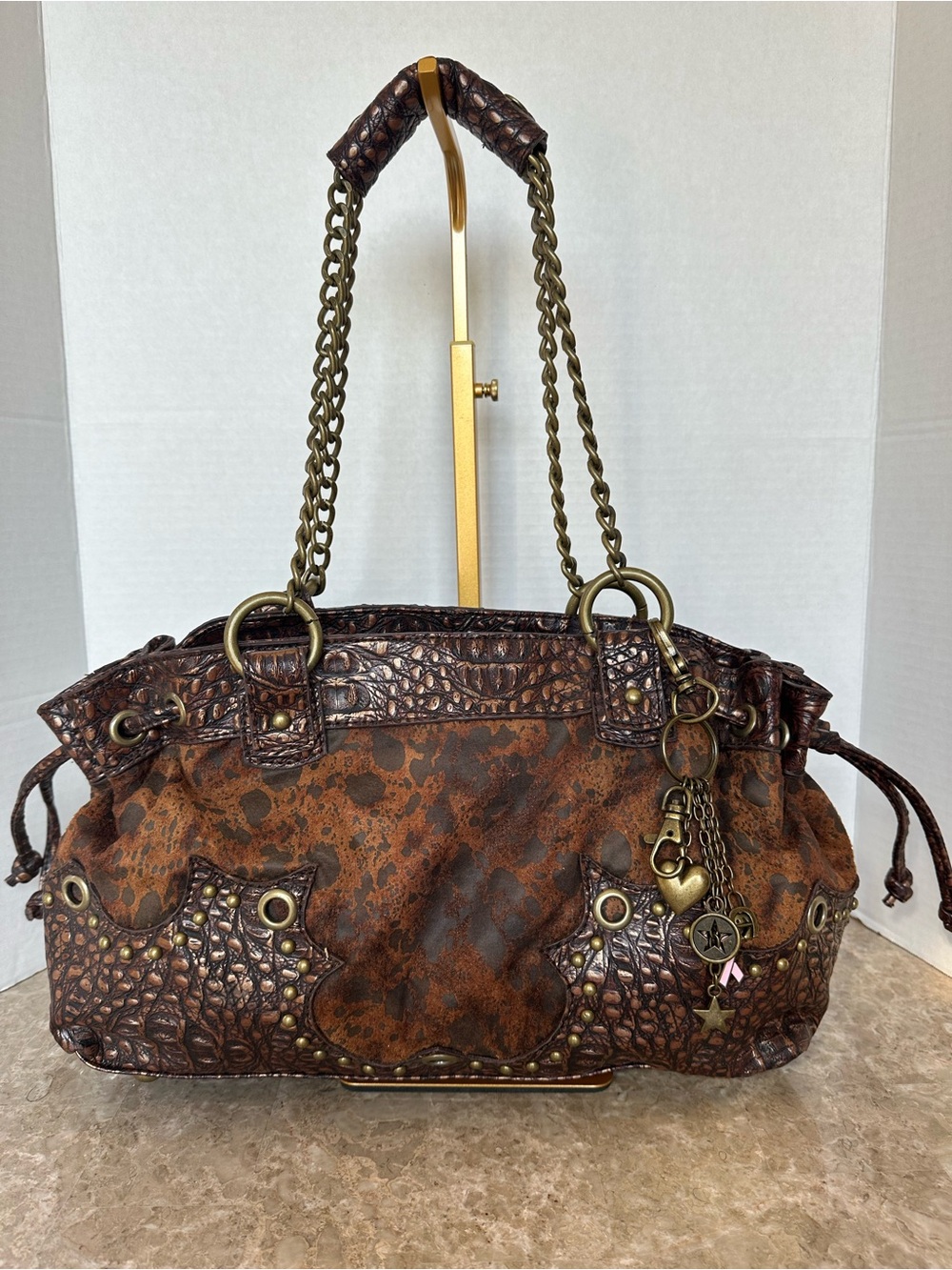 Y2K Print & Metallic Croc Studded Satchel Chain Shoulder Bag Purse Edgy Mcbling